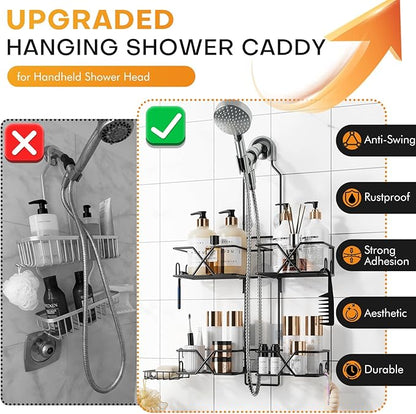 Adjustable Height Shower Caddy Hanging for Handheld Shower Heads, Shower Racks with Soap Holder 8 Hooks, No-Drilling, Anti-Sw