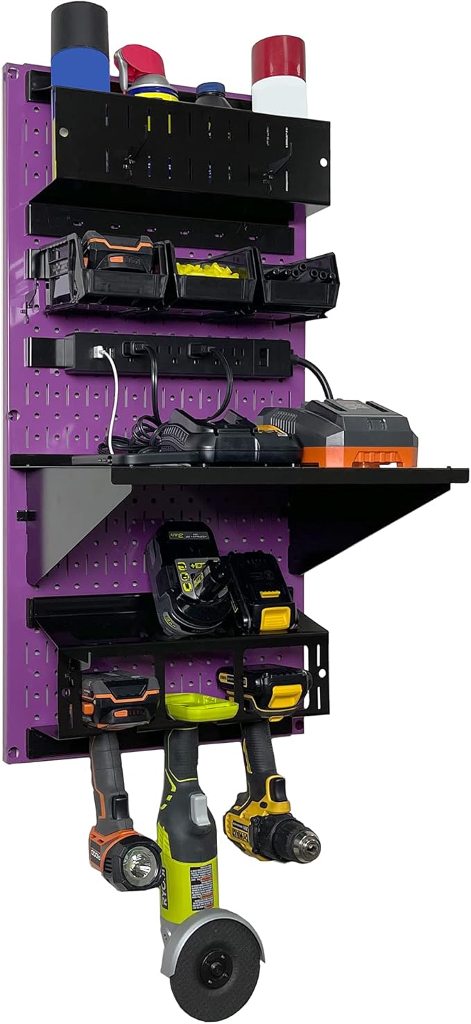 Wall Control Power Tool Storage Organizer Kit Cordless Drill Holder Charging Station Rack 16” x 32” Metal Pegboard Organizati