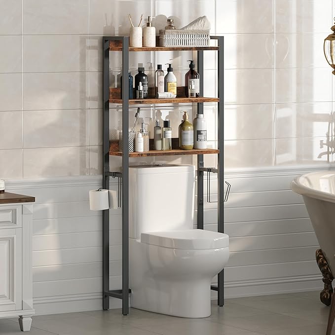 Over The Toilet Storage Rack, 3 Tier Bathroom Organizer Over Toilet, Freestanding Space Saver Toilet Stand with 2 Hooks, Bath