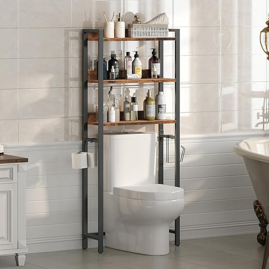 Over The Toilet Storage Rack, 3 Tier Bathroom Organizer Over Toilet, Freestanding Space Saver Toilet Stand with 2 Hooks, Bath