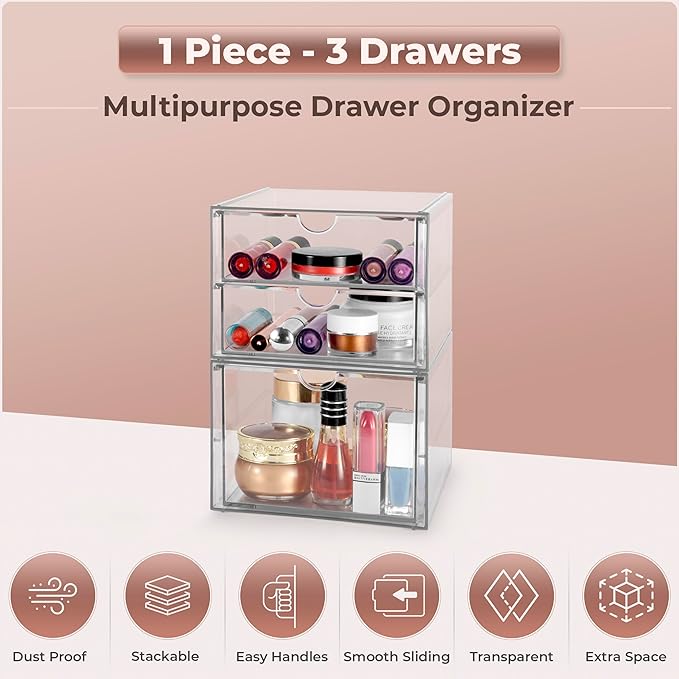 Sorbus Makeup Organizer With 3 Drawers, Acrylic Drawer Organizer for Makeup, Office Organization and Storage, Art Supplies, J