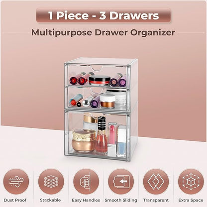 Sorbus Makeup Organizer With 3 Drawers, Acrylic Drawer Organizer for Makeup, Office Organization and Storage, Art Supplies, J