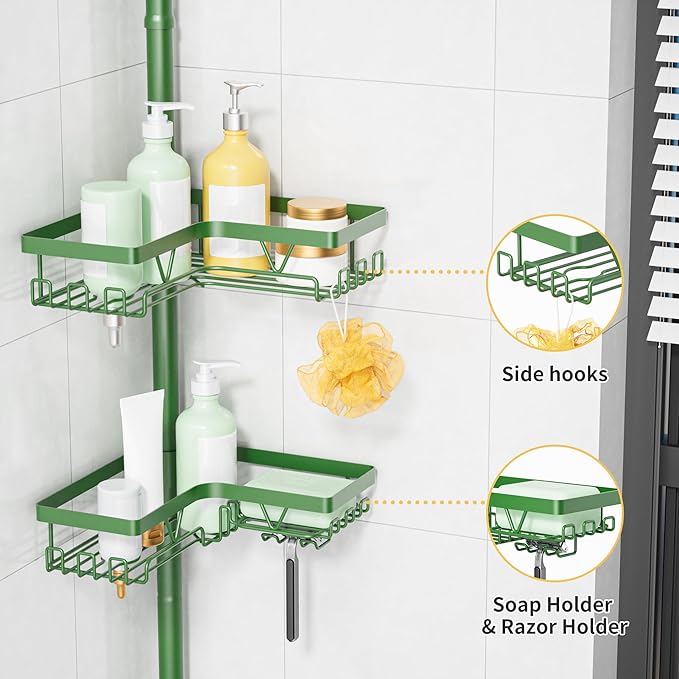 KEGII Shower Caddy Tension Pole, 4-Tier Rustproof Adjustable Corner Bathroom Organizer for Renters, 25–114.2 Inch No Drill Sp