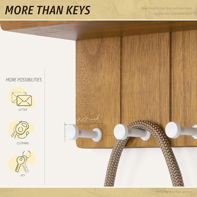 Rebee Vision Decorative Key Holder Wall Mount - Modern Farmhouse Key and Mail Holder for Wall with 7 Hooks and Floating Shelf