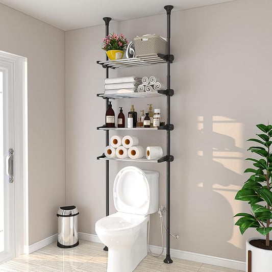 4-Tier Over The Toilet Storage Shelf, 4.5-9.5 FT Adjustable Bathroom Organizer, Heavy Duty Metal Shelves Above Behind Toilet 