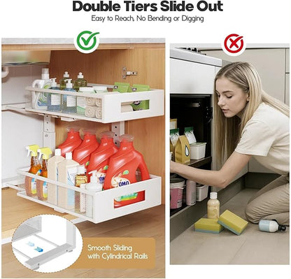 Under Sink Organizer, 2-Tier Dual Pull Out Cabinet Organizer Drawers With Smooth Circular Rail, Large Capacity Metal Mesh Sli