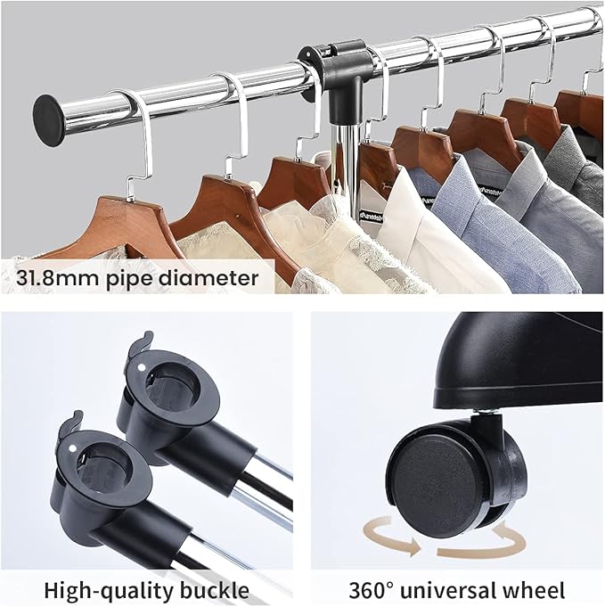 LiaMeE Adjustable Clothing Rack for Hanging Clothes, Heavy Duty Garment Rack with Wheels，Free Standing Rolling Clothes Rack w