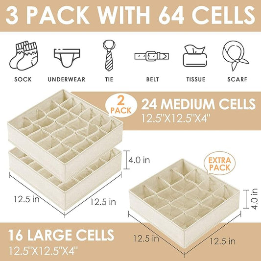 Criusia 3 Pack Sock Underwear Drawer Organizer Dividers, 64 Cell Fabric Foldable Cabinet Dresser Closet Organizers and Storag