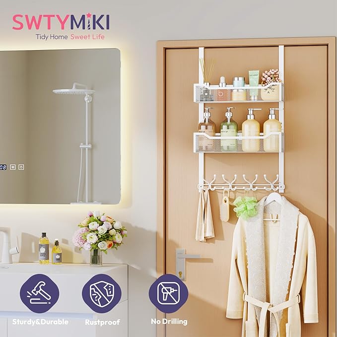 SWTYMIKI Over The Door Hook with 16 Hooks & 2 Mesh Baskets - Heavy Duty Over The Door Organizer Hanger for Towels, Coats, Clo