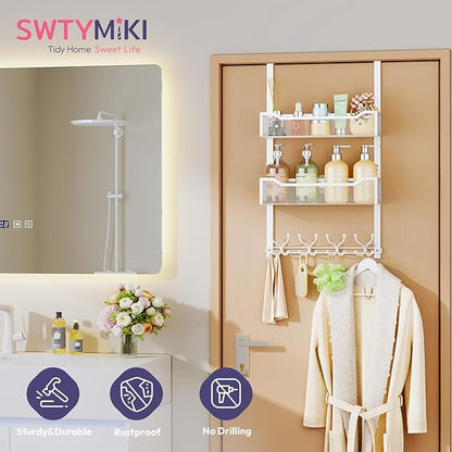 SWTYMIKI Over The Door Hook with 16 Hooks & 2 Mesh Baskets - Heavy Duty Over The Door Organizer Hanger for Towels, Coats, Clo