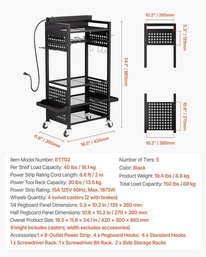 VEVOR 5-Tier Tool Organizer Cart with Charging Station, 8 AC Outlet, Floor Stand Rolling Drill Holder and Tool Battery Storag