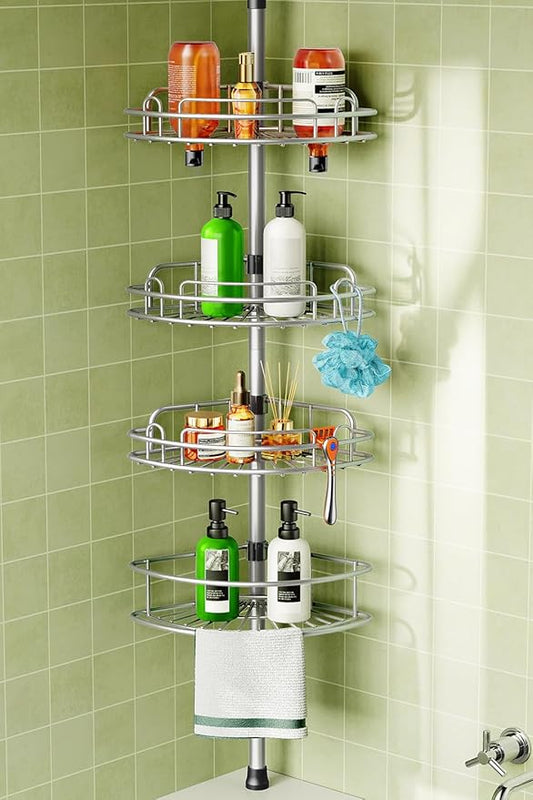 HAMITOR Corner Shower Caddy Tension Pole: 4-Tier Rust-Resistant Adjustable Bathroom Organizer Shelves - 47-121 Inch No-Drill 