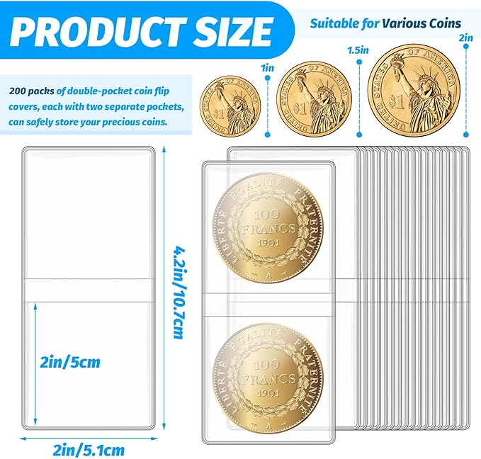Vmiapxo 200 Pack Double Pocket Coin Flips, 2x2 Inch Clear Plastic Coin Sleeves for All Coins, Jewelry, Rings Earrings Gemstones Collection Supplies & Protectors (Double Rectangular)