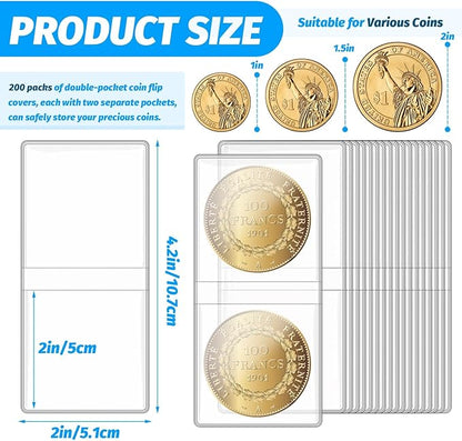 Vmiapxo 200 Pack Double Pocket Coin Flips, 2x2 Inch Clear Plastic Coin Sleeves for All Coins, Jewelry, Rings Earrings Gemstones Collection Supplies & Protectors (Double Rectangular)