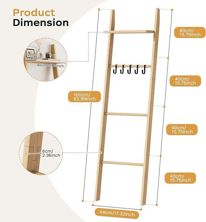 63" Bamboo Blanket Ladder with Shelf and 5 Hooks, 4 Tier Leaning Blanket Rack, Farmhouse Towel Ladder Rack, Decorative Quilt 