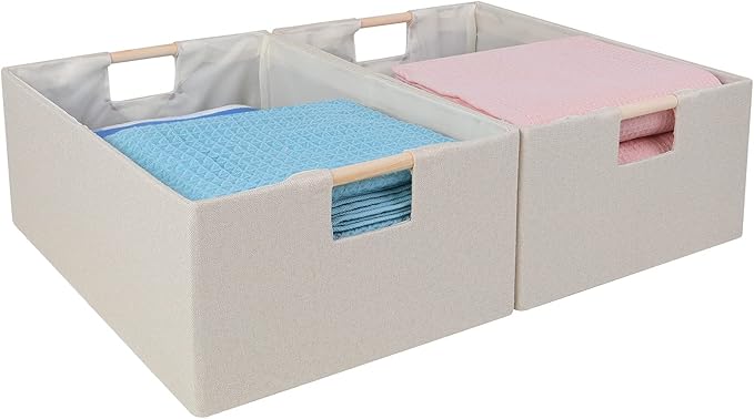 ANMINY 2PCS Storage Baskets for Organizing Collapsible Fabric Storage Bins Boxes with Wood Handles Closet Shelves Cube Organi