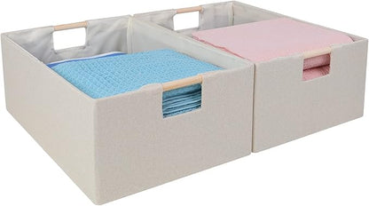 ANMINY 2PCS Storage Baskets for Organizing Collapsible Fabric Storage Bins Boxes with Wood Handles Closet Shelves Cube Organi
