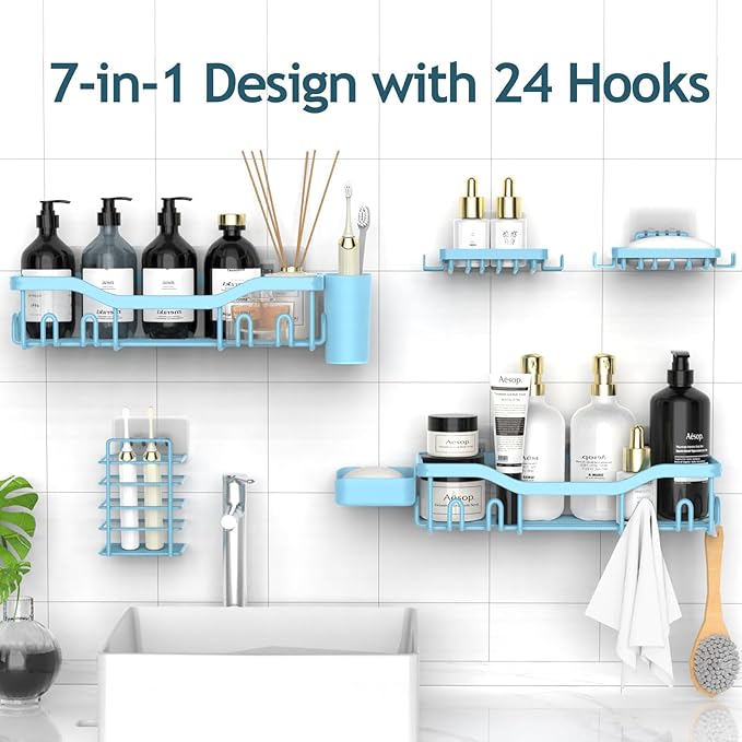 NESOMI Shower Caddy Adhesive Shower Organizer 7-Pack, Rustproof Stainless Steel Bathroom Shelves, Large Capacity No-Drill Rac