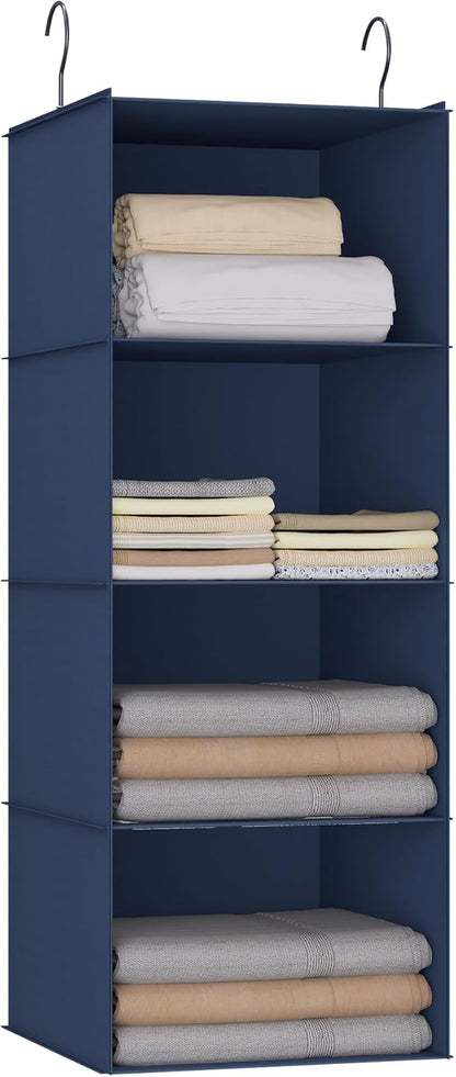 Hanging Closet Organizer - 4-Shelf, Easy Mount Foldable Wardrobe Storage Shelves for Clothes, Handbags, Shoes & Accessories -