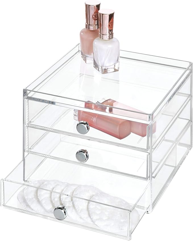 iDesign 3-Drawer Stackable Makeup Organizer - Small Clear Plastic Storage Drawers for Bathroom, Vanity, or Desk