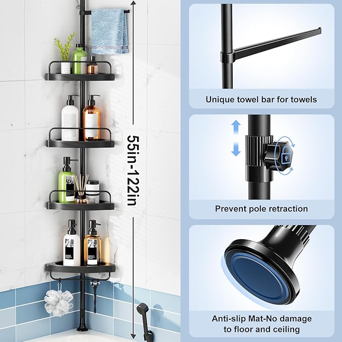 HAMITOR Corner Shower Caddy Tension Pole: 4 Tier Shampoo Storage Organizer for Inside Shower - Telescoping Rod Shower Rack fo