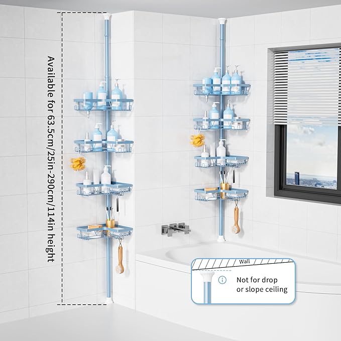 KEGII Shower Caddy Tension Pole, 4-Tier Rustproof Adjustable Corner Bathroom Organizer for Renters, 25–114.2 Inch No Drill Sp
