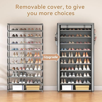 ROJASOP Shoe Rack with Covers, Stackable 10 Tier Tall Shoe Shelf Storage 50-55 Pairs Shoes and Boots Large Capacity Vertical 