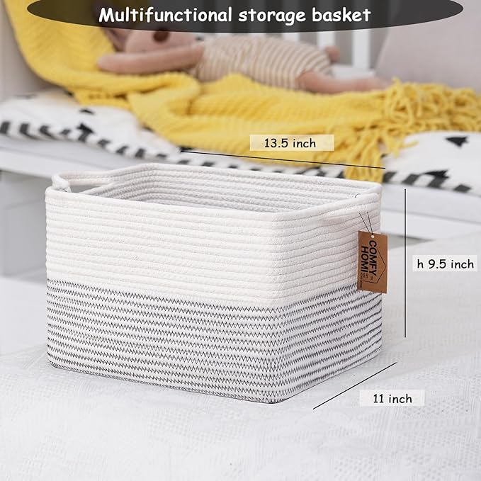 COMFY-HOMI Cotton Rope Woven Basket with Handles for Shelves,Toys,Book, Cloth Storage Baskets Bin for Organizing-13.5"x11"x9.