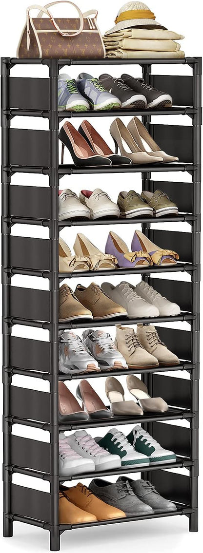 Shoe Rack - 10 Tiers Shoe Organizer with Detachable Fabric Shelves & Metal Frame, Up to 20-25 Pairs Narrow Tall Shoe Rack for