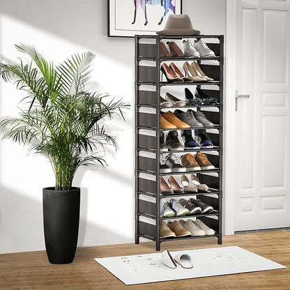 Shoe Rack - 10 Tiers Shoe Organizer with Detachable Fabric Shelves & Metal Frame, Up to 20-25 Pairs Narrow Tall Shoe Rack for