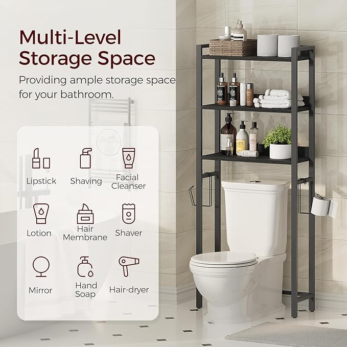 Over The Toilet Storage Rack, 3 Tier Bathroom Organizer Over Toilet, Freestanding Space Saver Toilet Stand with 2 Hooks, Bath