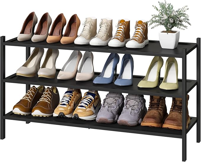 kiplant Black Long Shoe Rack, 3-Tier Bamboo Wood Shoe Rack for Entryway, Stackable | Foldable | Natural, Shoe Organizer for H