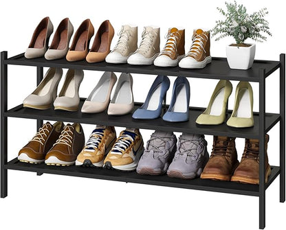 kiplant Black Long Shoe Rack, 3-Tier Bamboo Wood Shoe Rack for Entryway, Stackable | Foldable | Natural, Shoe Organizer for H