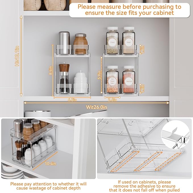 Yieach 2 Tier Sliding Spice Racks for Cabinets,1 Pack 10.4'' Deep Narrow Vertical Spice Rack Pull Out for Inside Cabinets,Kit