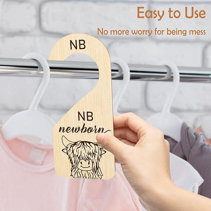 R HORSE 8Pcs Highland Cow Baby Closet Dividers, Double Sided Baby Closet Organizers Nursery Hanger Dividers Wood Size Divider