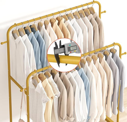 Laiensia Double Rods Garment Rack with Wheels, Clothing Rack for Hanging Clothes,4 Hooks, Multi-functional Bedroom Clothes Ra