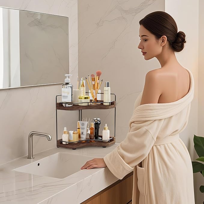 2-Tier Corner Bathroom Counter Organizer with Embedded Screw Holes, Secure & Stable Wood Vanity Shelf for Makeup and Skincare