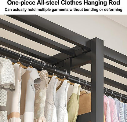 Portable Foldable Wardrobe Closet with Cover, Metal Clothing Rack with Hanging Rods, Space-Saving Storage Organizer for Bedro