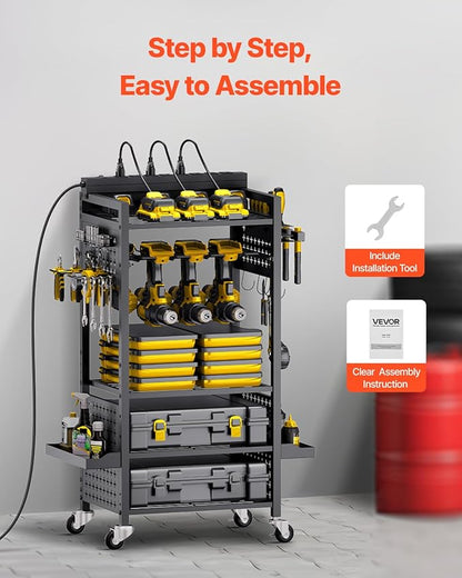 VEVOR 5-Tier Tool Organizer Cart with Charging Station, 8 AC Outlet, Floor Stand Rolling Drill Holder and Tool Battery Storag