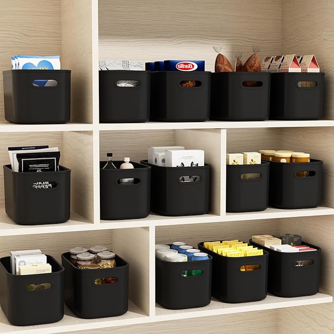 ORGIDOL 12 Pack Black Plastic Storage Bins, Storage Container for Organizing, Storage Boxes with Handle for Shelves, Cute Org