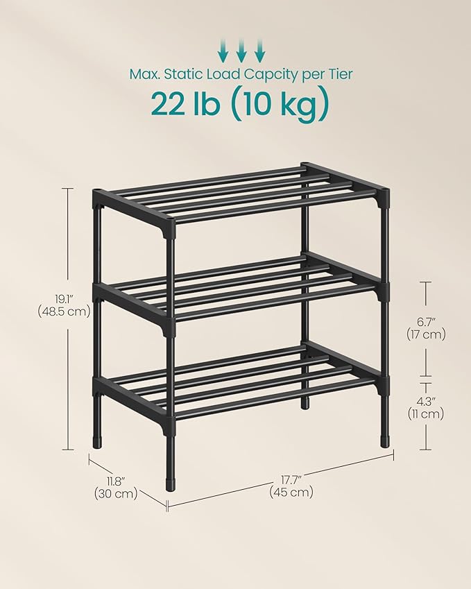 SONGMICS 3-Tier Shoe Rack for Closet, Compact Metal Shoe Organizer Shelf for Entryway, Bedroom, Small Spaces, Stackable, 11.8