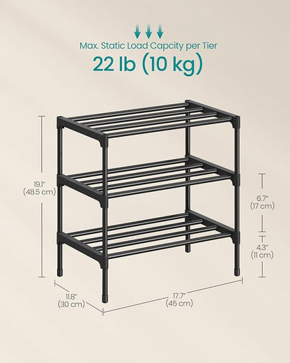 SONGMICS 3-Tier Shoe Rack for Closet, Compact Metal Shoe Organizer Shelf for Entryway, Bedroom, Small Spaces, Stackable, 11.8