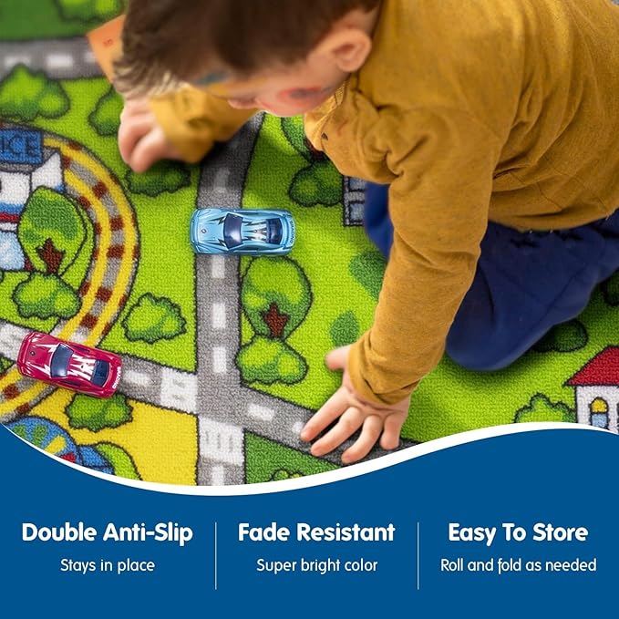 Booooom Jackson Kids Car Rug - 79"x39" Play Mat for Toy Cars, Non-Slip Playroom Rug