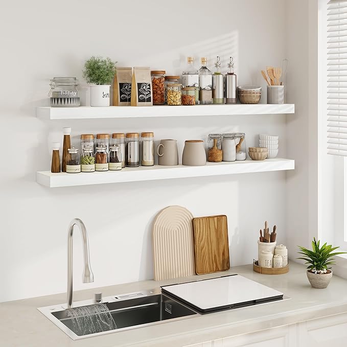 Fun Memories Floating Shelves for Wall, 55Inch Floating Shelves Set of 2, Hanging Shelf with Invisible Brackets, Wood Shelves