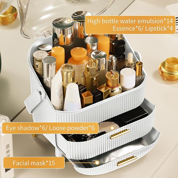 CANITORON Makeup Organizer,Skincare Organizer with 2 Drawers and Brush Storage Box,Cosmetic Display Case for Vanity Organizer