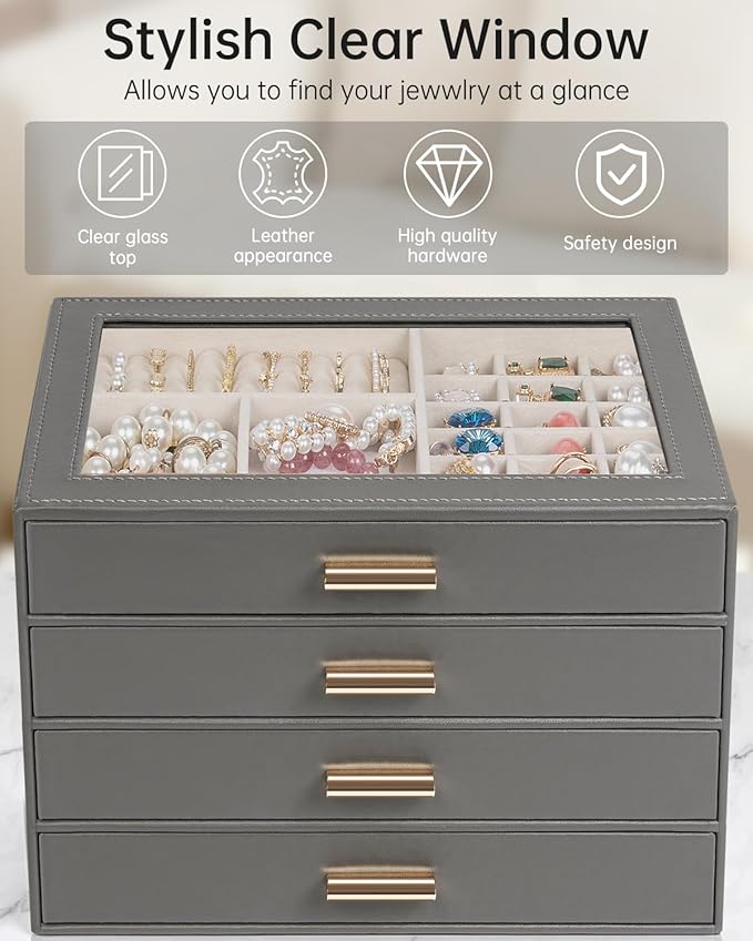 AKOZLIN Jewelry Box with Clear Lid Functional Leather Jewelry Storage Organizer Case 4 Drawers for Women Girls Necklace Ring 