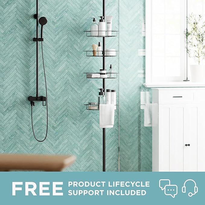 Zenna Home Tension Pole Shower Caddy Corner Organizer, Adjustable Standing Shower Caddy with 4 Baskets, Rust Resistant Bathro