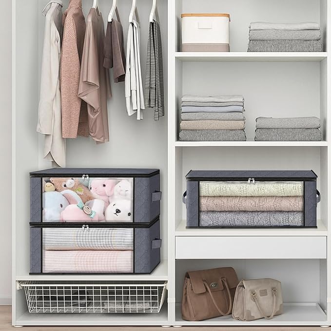 HomeHacks Storage 4-Pack Clothes Organizer Storage Bags Foldable Storage Box with Large Clear Window Sturdy Handles for Closet, Dorm, Pillows, Bedding, Clothes, Stuffed Toys, Blankets, Grey