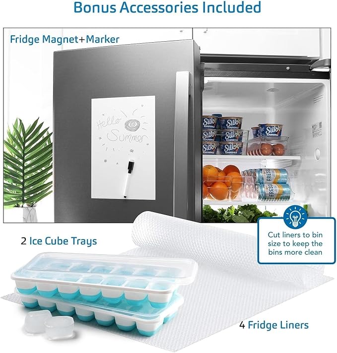 Hearth & Harbor 42 Piece Fridge Organizer Bins - Set of 24 Clear Bins with 12 Shelf Liners, 3 White Boards and 3 Markers - St