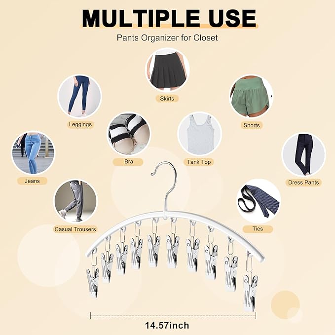 Legging Organizer for Closet, Metal Yoga Pants Hanger w/Rubber Coated 2 Pack w/10 Clips Hold 20 Leggings, Hangers Space Savin